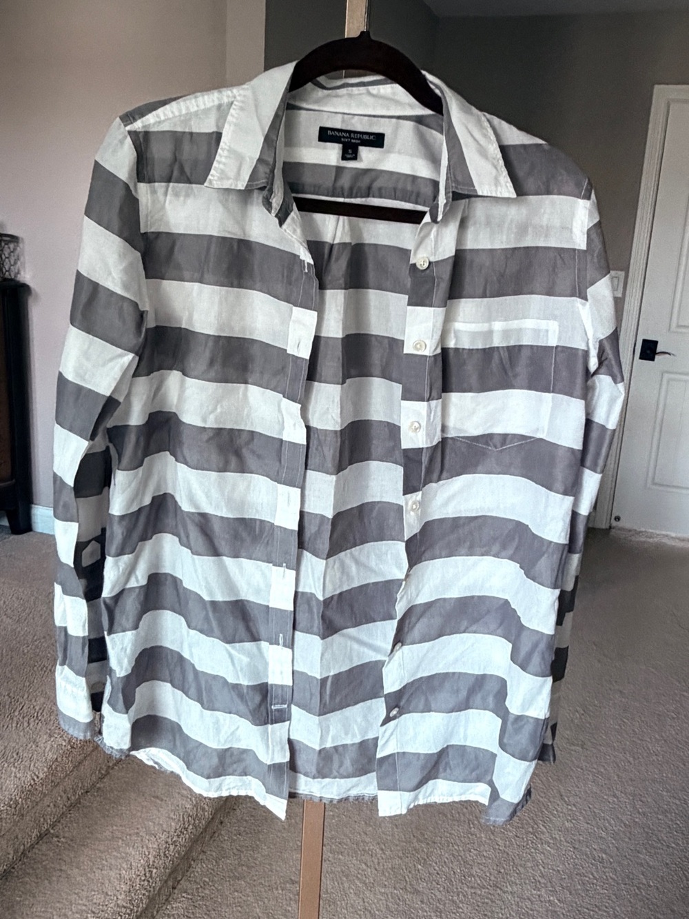 Banana Republic Gray and White Striped Button-Down Shirt